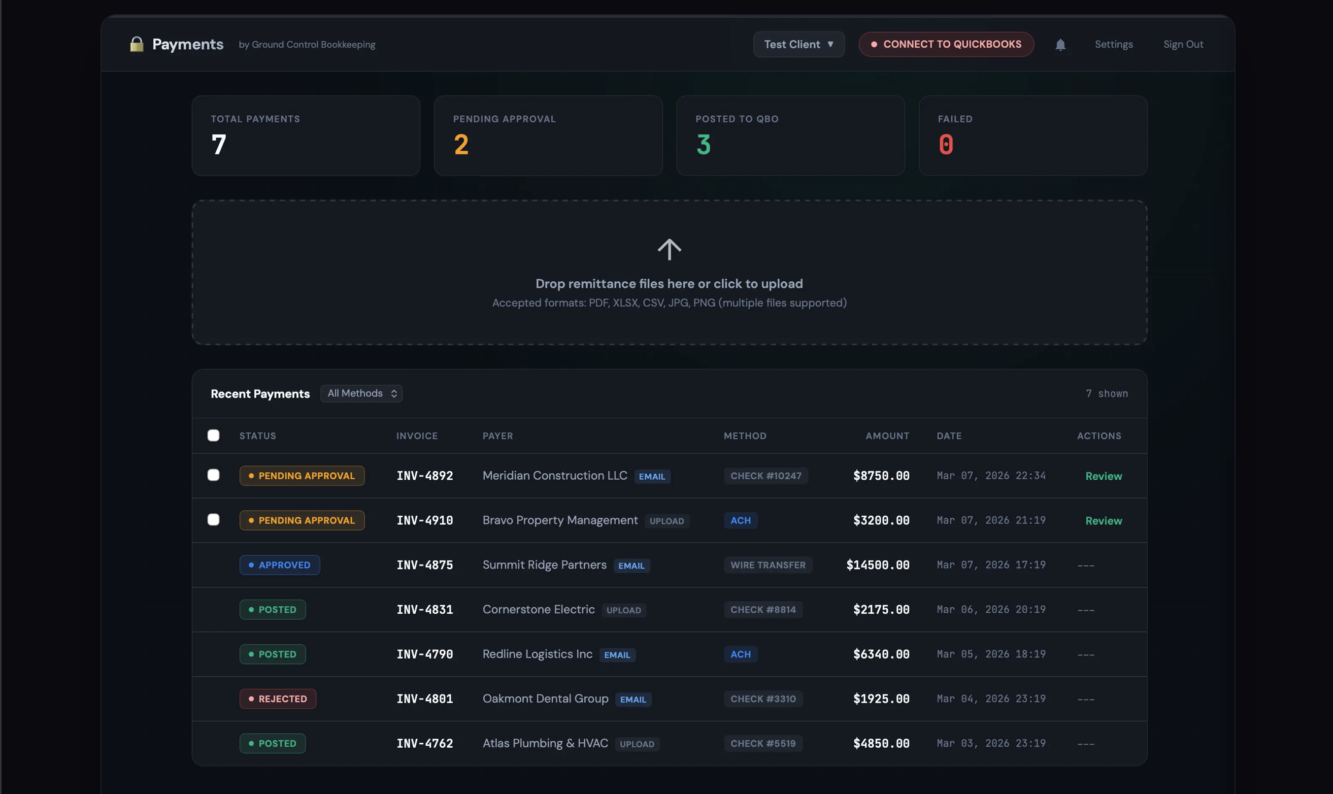 Ground Control remittance posting dashboard